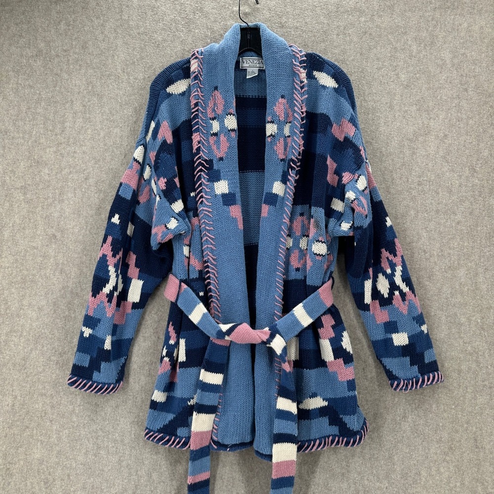 Venezia Vitale Blue Pink Geometric Southwestern‎ Belted Knit Cardigan Sweater L